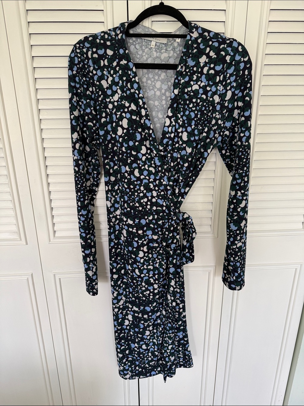 Long Sleeve Black Wrap Dress with Blue and White floral print